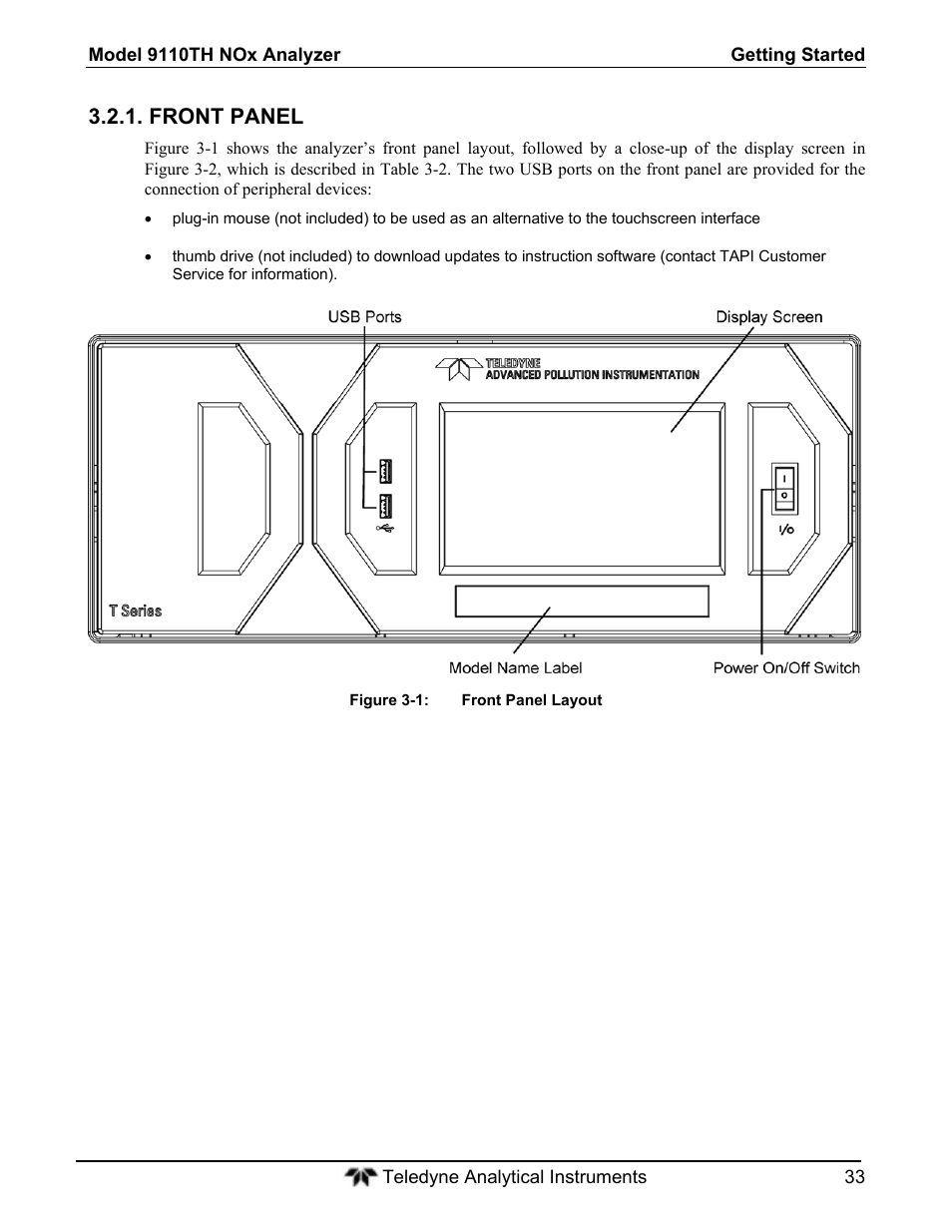 Front panel | Teledyne 9110T - Nitrogen Oxides Analyzer User Manual | Page 33 / 378