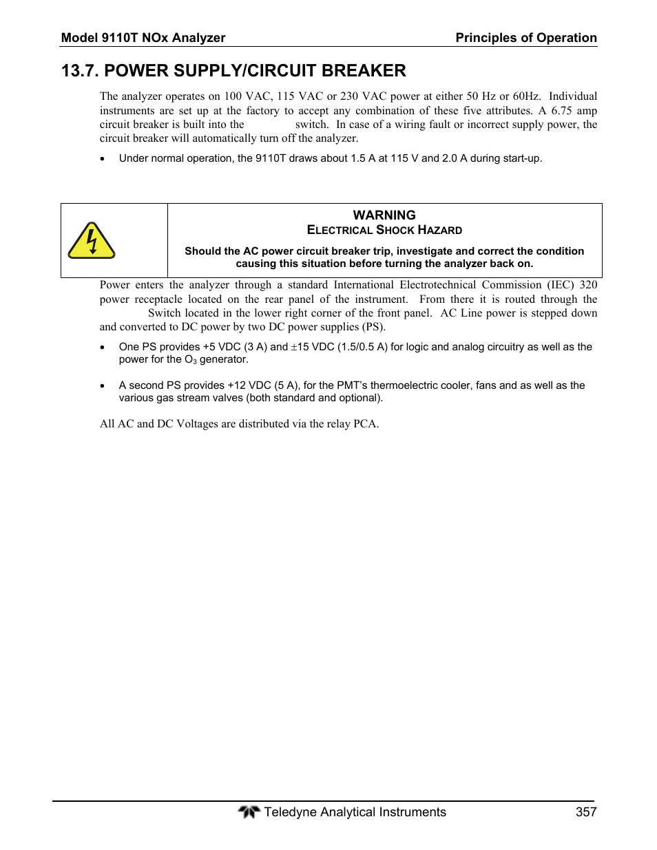 Power supply/circuit breaker | Teledyne 9110T - Nitrogen Oxides Analyzer User Manual | Page 357 / 378
