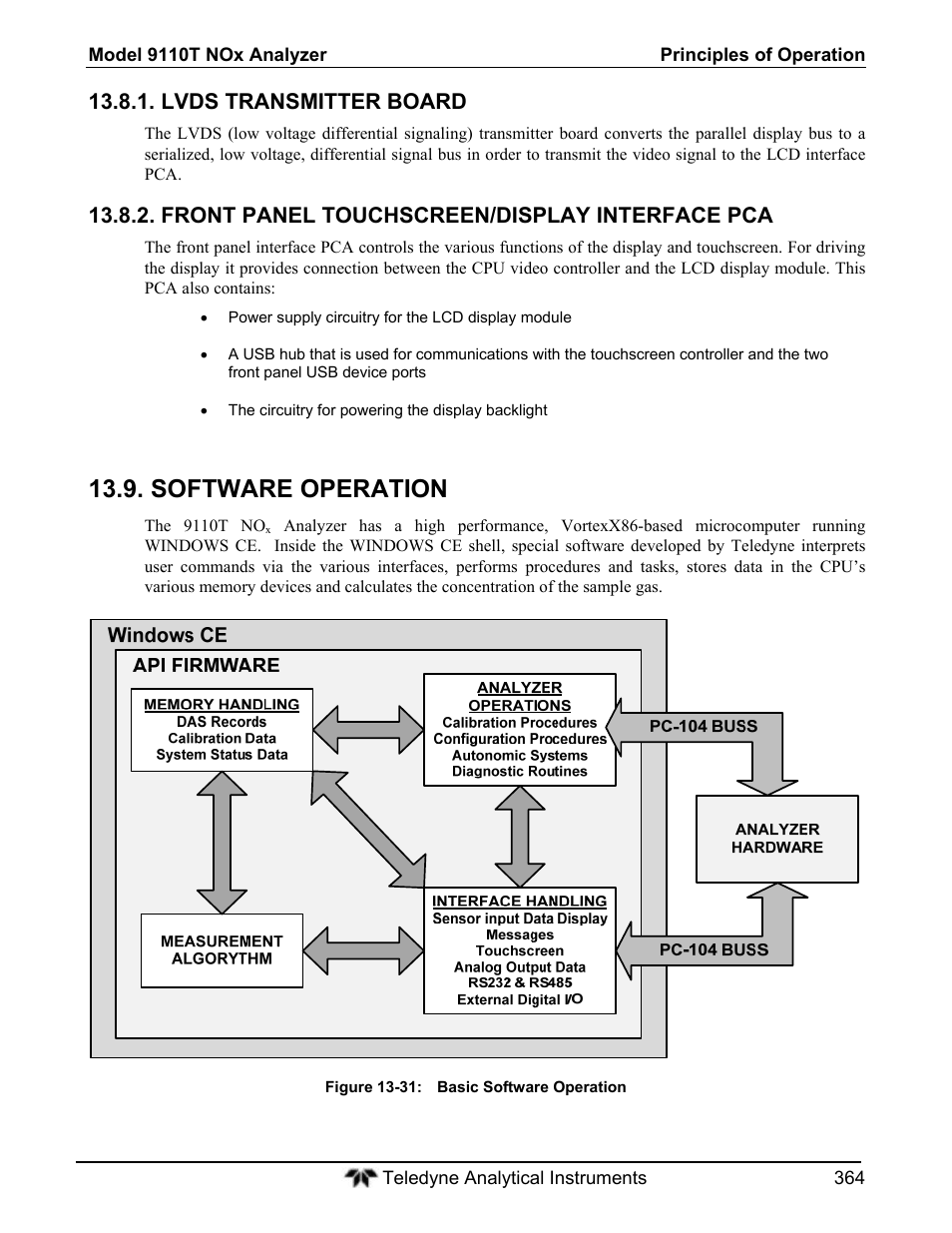 Software operation, Lvds transmitter board, Front panel touchscreen/display interface pca | Teledyne 9110T - Nitrogen Oxides Analyzer User Manual | Page 364 / 378