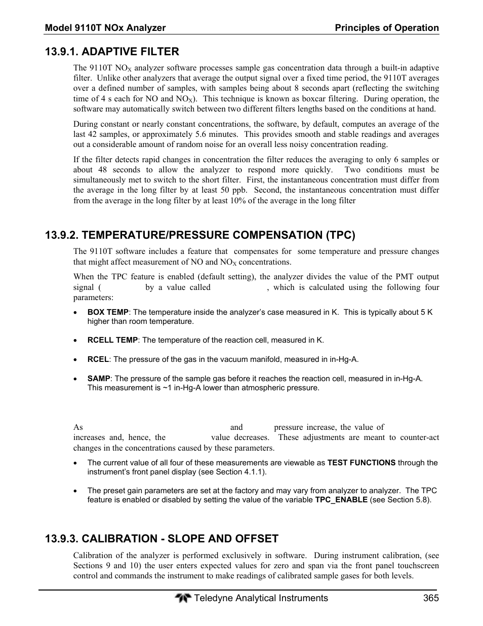 Adaptive filter, Temperature/pressure compensation (tpc), Calibration - slope and offset | Teledyne 9110T - Nitrogen Oxides Analyzer User Manual | Page 365 / 378