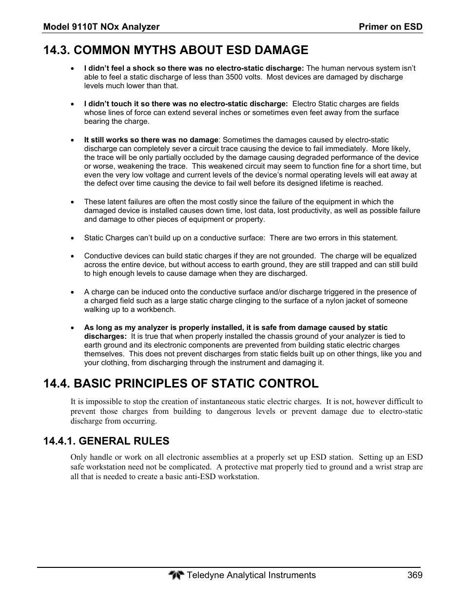 Common myths about esd damage, Basic principles of static control, General rules | Teledyne 9110T - Nitrogen Oxides Analyzer User Manual | Page 369 / 378