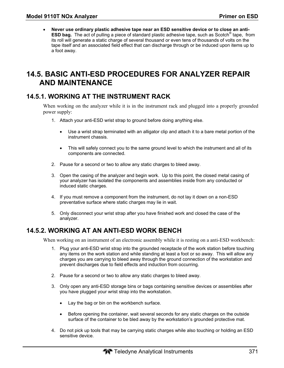 Working at the instrument rack, Working at an anti-esd work bench | Teledyne 9110T - Nitrogen Oxides Analyzer User Manual | Page 371 / 378