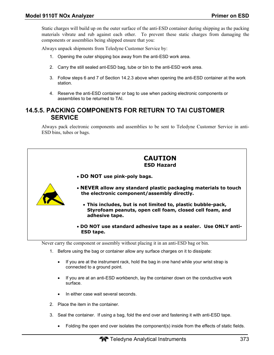 Caution | Teledyne 9110T - Nitrogen Oxides Analyzer User Manual | Page 373 / 378