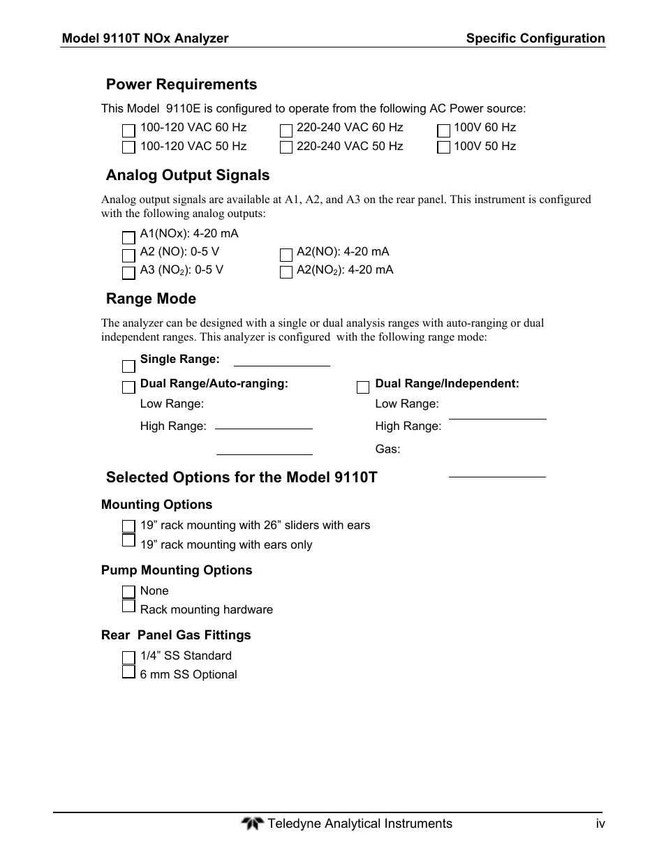 Power requirements, Analog output signals, Range mode | Selected options for the model 9110t | Teledyne 9110T - Nitrogen Oxides Analyzer User Manual | Page 4 / 378