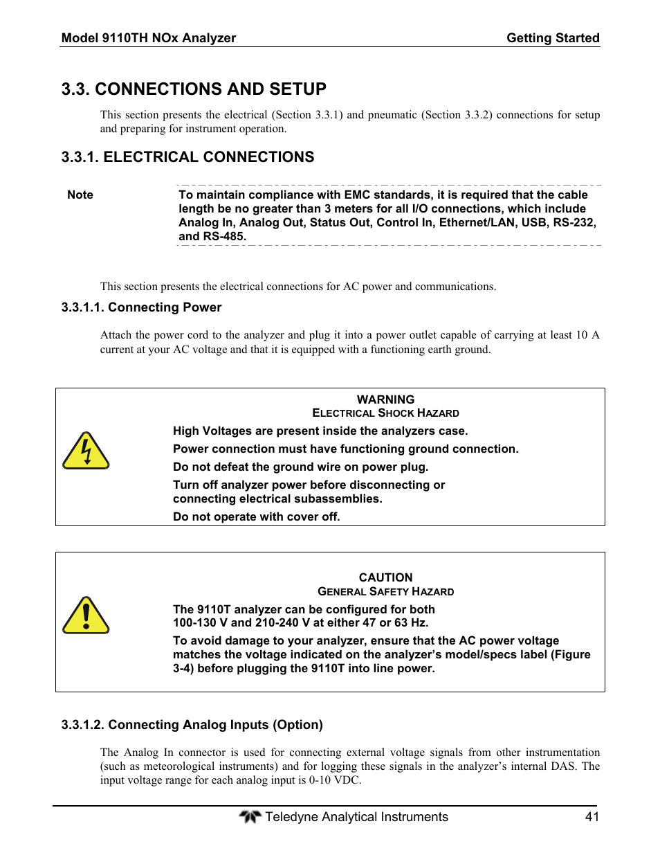 Connections and setup, Electrical connections | Teledyne 9110T - Nitrogen Oxides Analyzer User Manual | Page 41 / 378