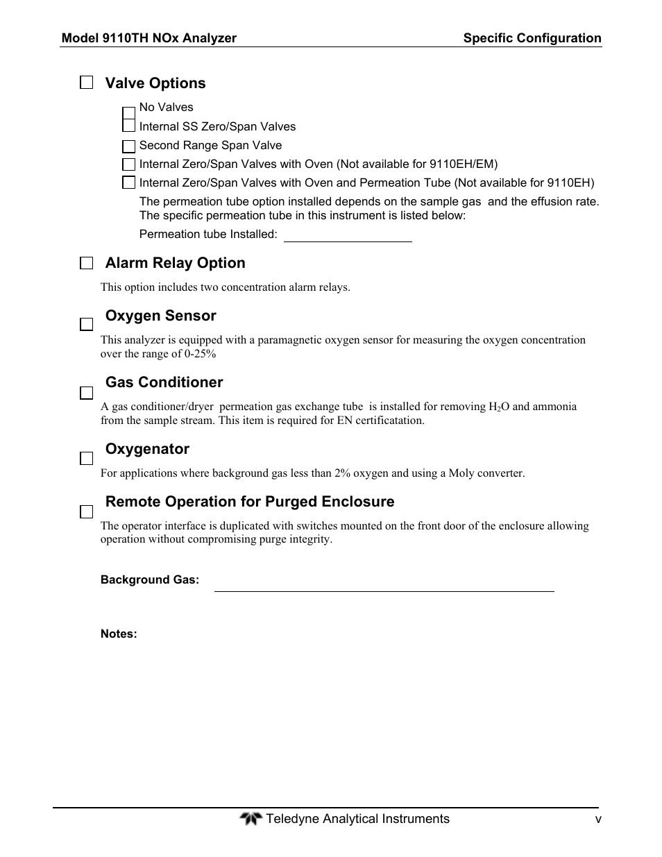 Valve options, Alarm relay option, Oxygen sensor | Gas conditioner, Oxygenator, Remote operation for purged enclosure | Teledyne 9110T - Nitrogen Oxides Analyzer User Manual | Page 5 / 378