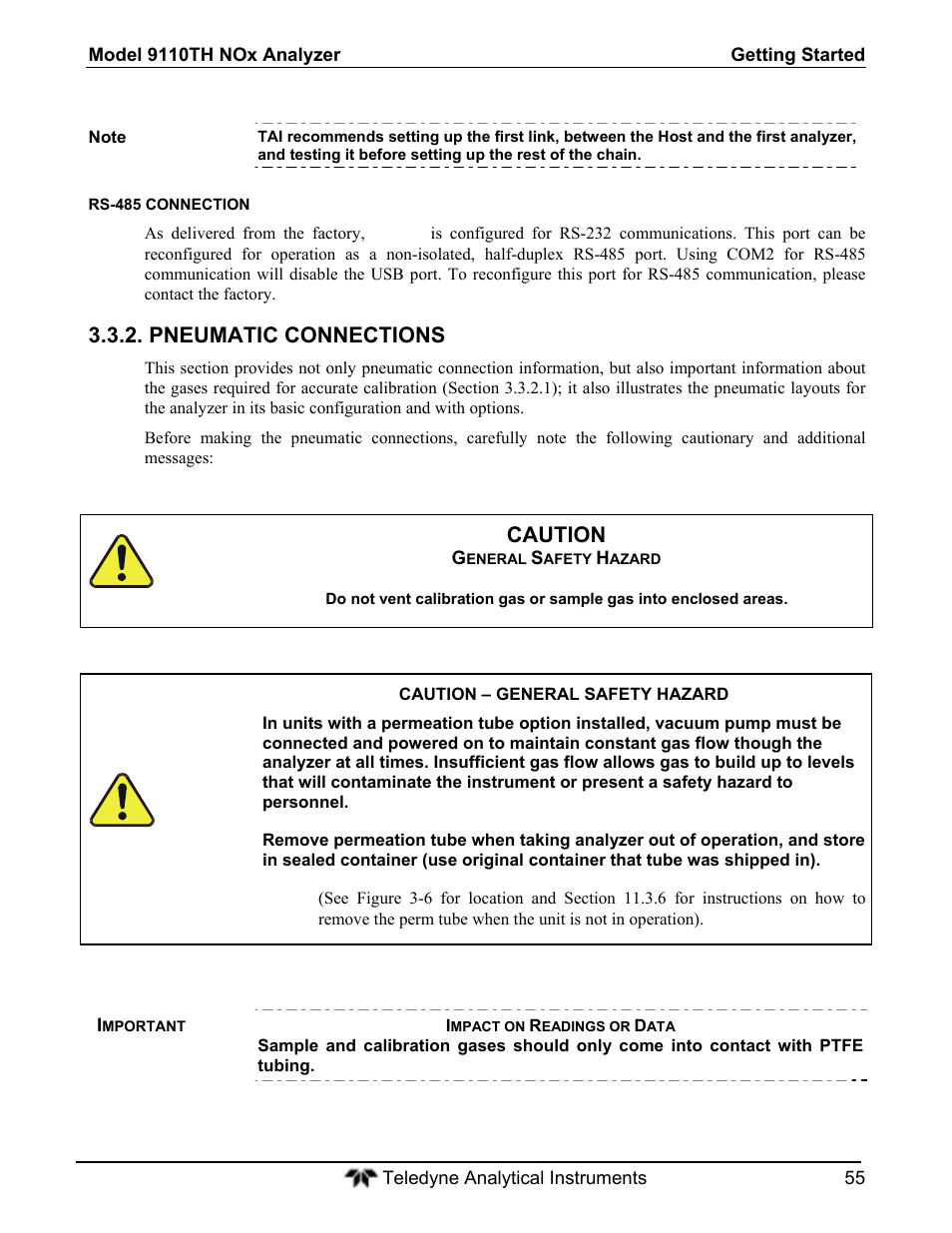 Pneumatic connections, Caution | Teledyne 9110T - Nitrogen Oxides Analyzer User Manual | Page 55 / 378