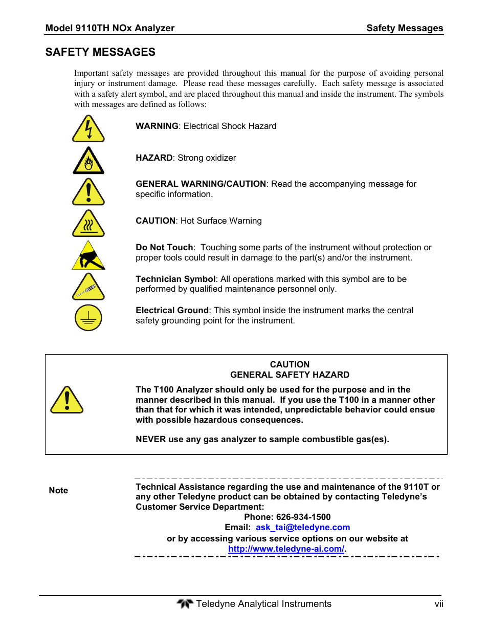 Safety messages | Teledyne 9110T - Nitrogen Oxides Analyzer User Manual | Page 7 / 378