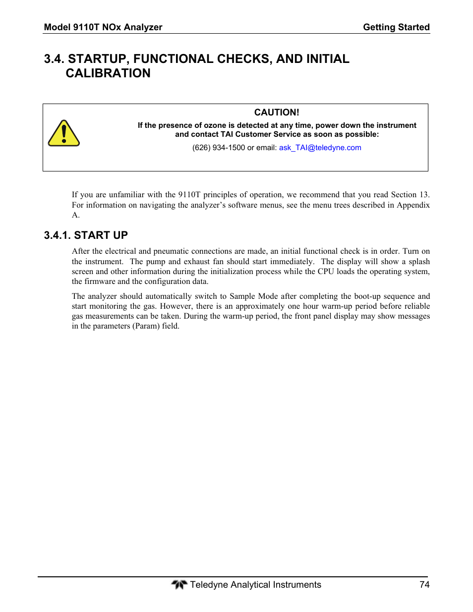 Start up | Teledyne 9110T - Nitrogen Oxides Analyzer User Manual | Page 74 / 378