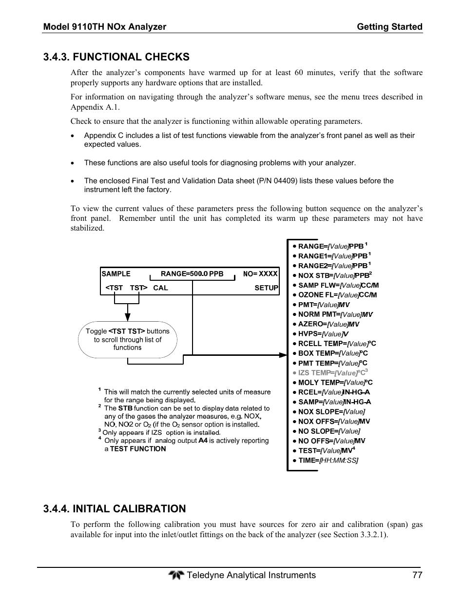 Functional checks, Initial calibration | Teledyne 9110T - Nitrogen Oxides Analyzer User Manual | Page 77 / 378
