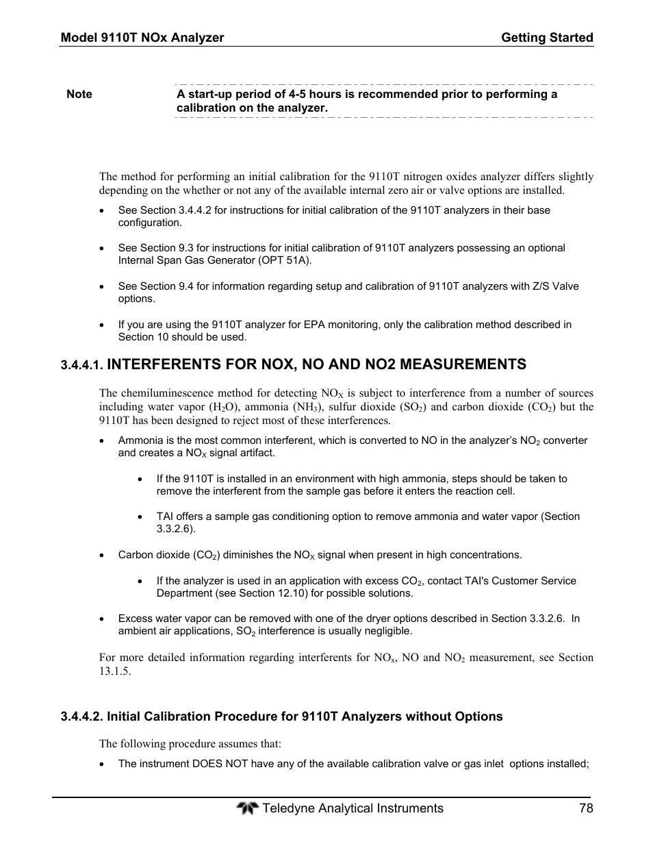 Interferents for nox, no and no2 measurements | Teledyne 9110T - Nitrogen Oxides Analyzer User Manual | Page 78 / 378