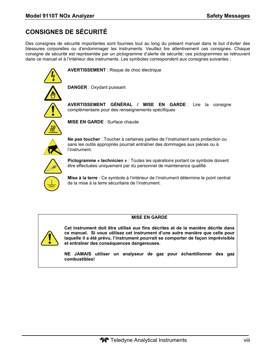 Consignes de sécurité | Teledyne 9110T - Nitrogen Oxides Analyzer User Manual | Page 8 / 378
