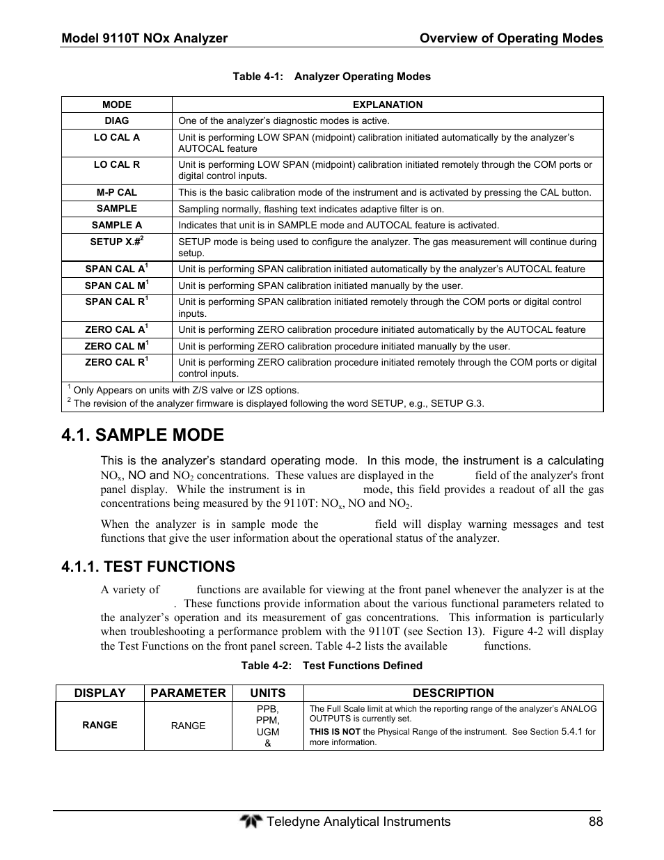 Sample mode, Test functions | Teledyne 9110T - Nitrogen Oxides Analyzer User Manual | Page 88 / 378
