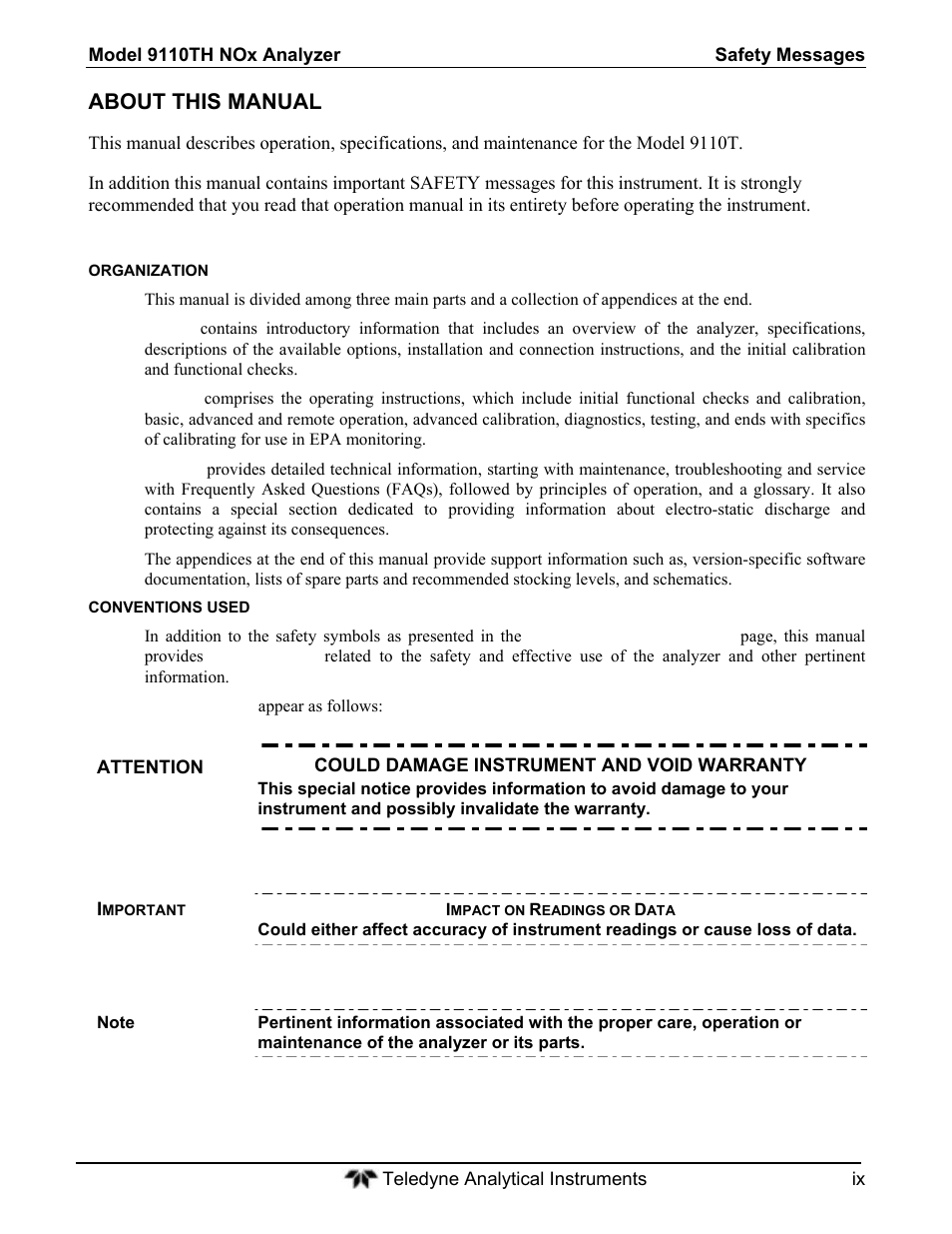 About this manual | Teledyne 9110T - Nitrogen Oxides Analyzer User Manual | Page 9 / 378