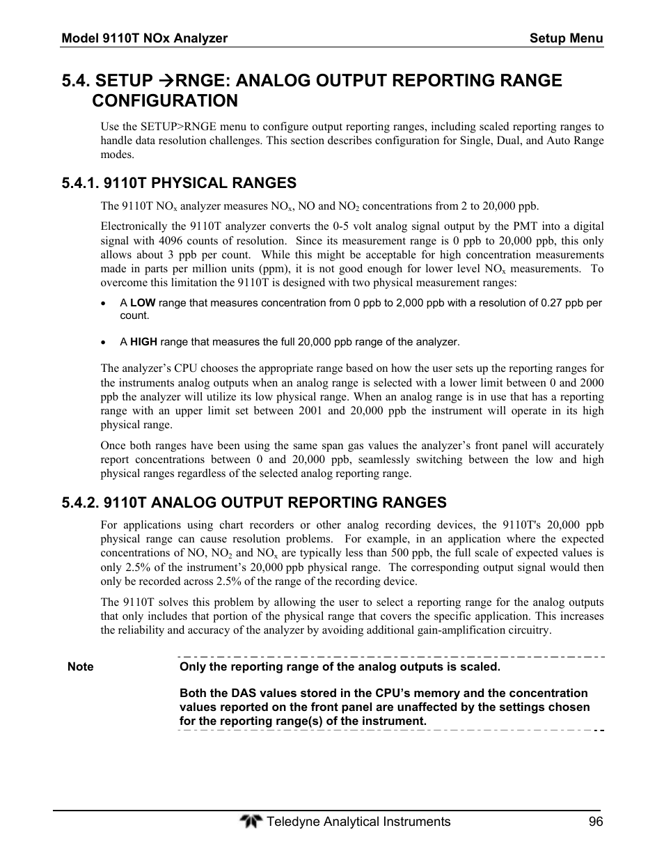 9110t physical ranges, 9110t analog output reporting ranges | Teledyne 9110T - Nitrogen Oxides Analyzer User Manual | Page 96 / 378