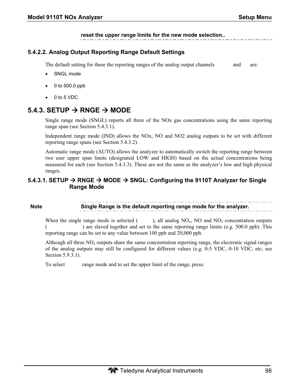Setup  rnge  mode | Teledyne 9110T - Nitrogen Oxides Analyzer User Manual | Page 98 / 378