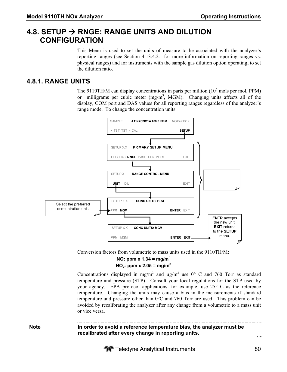 Range units, Concentrations displayed in mg/m, And µg/m | Teledyne 9110TH - Nitrogen Oxides Analyzer User Manual | Page 100 / 335