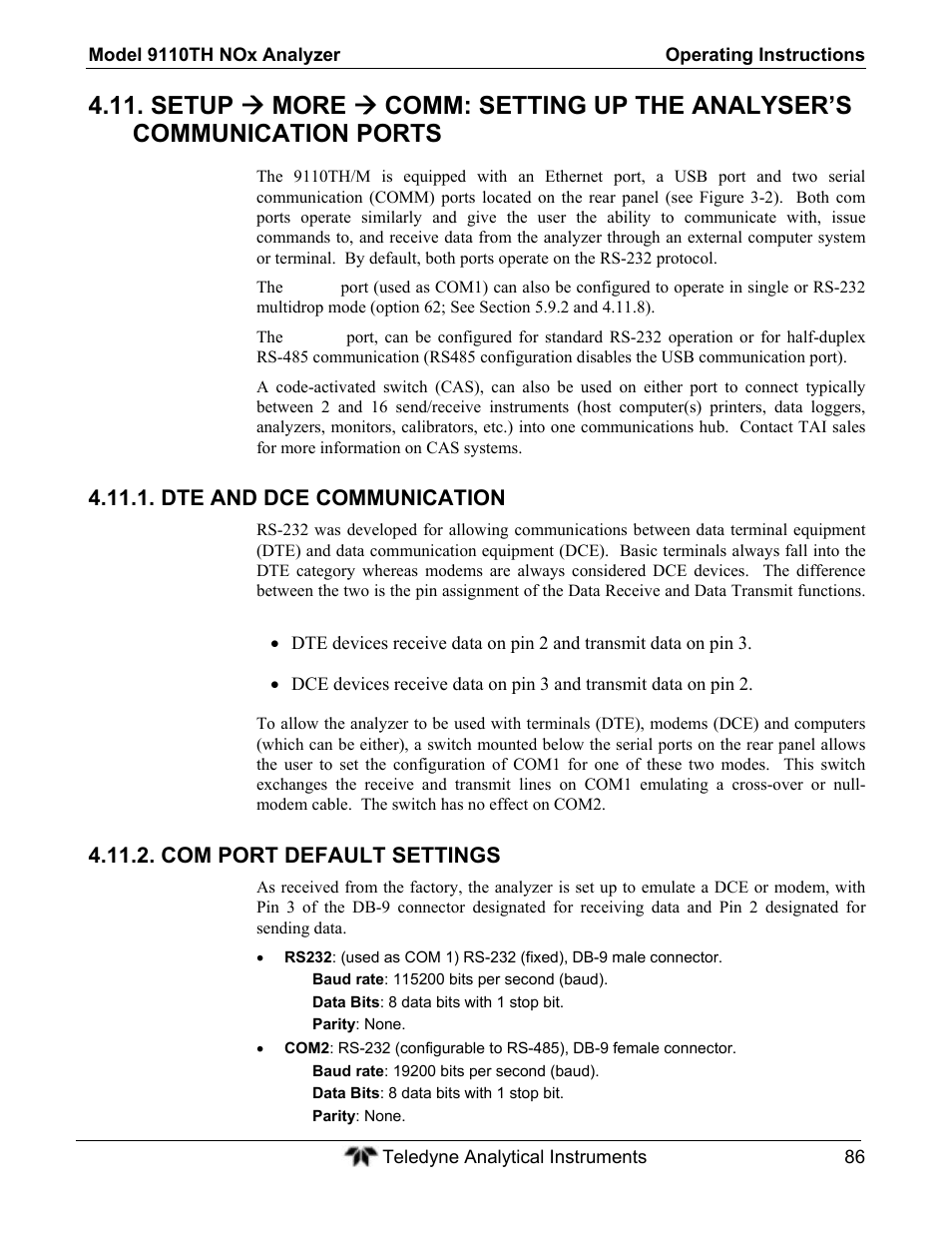 Dte and dce communication, Com port default settings | Teledyne 9110TH - Nitrogen Oxides Analyzer User Manual | Page 106 / 335