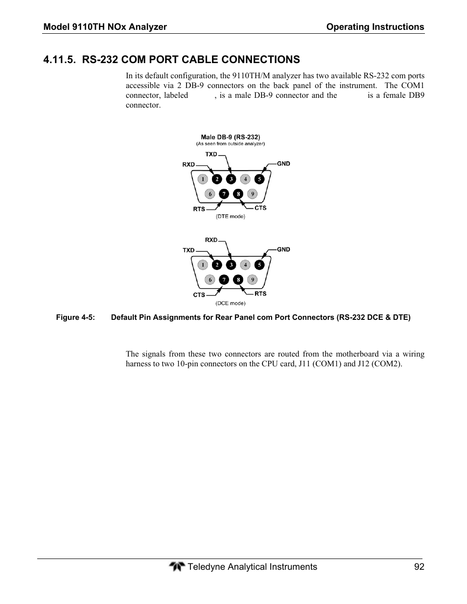 Rs-232 com port cable connections | Teledyne 9110TH - Nitrogen Oxides Analyzer User Manual | Page 112 / 335