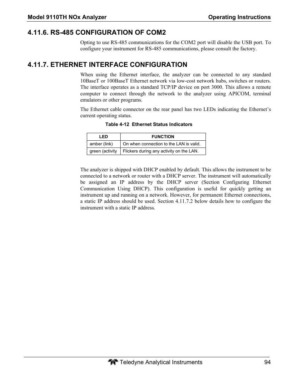 Rs-485 configuration of com2, Ethernet interface configuration | Teledyne 9110TH - Nitrogen Oxides Analyzer User Manual | Page 114 / 335