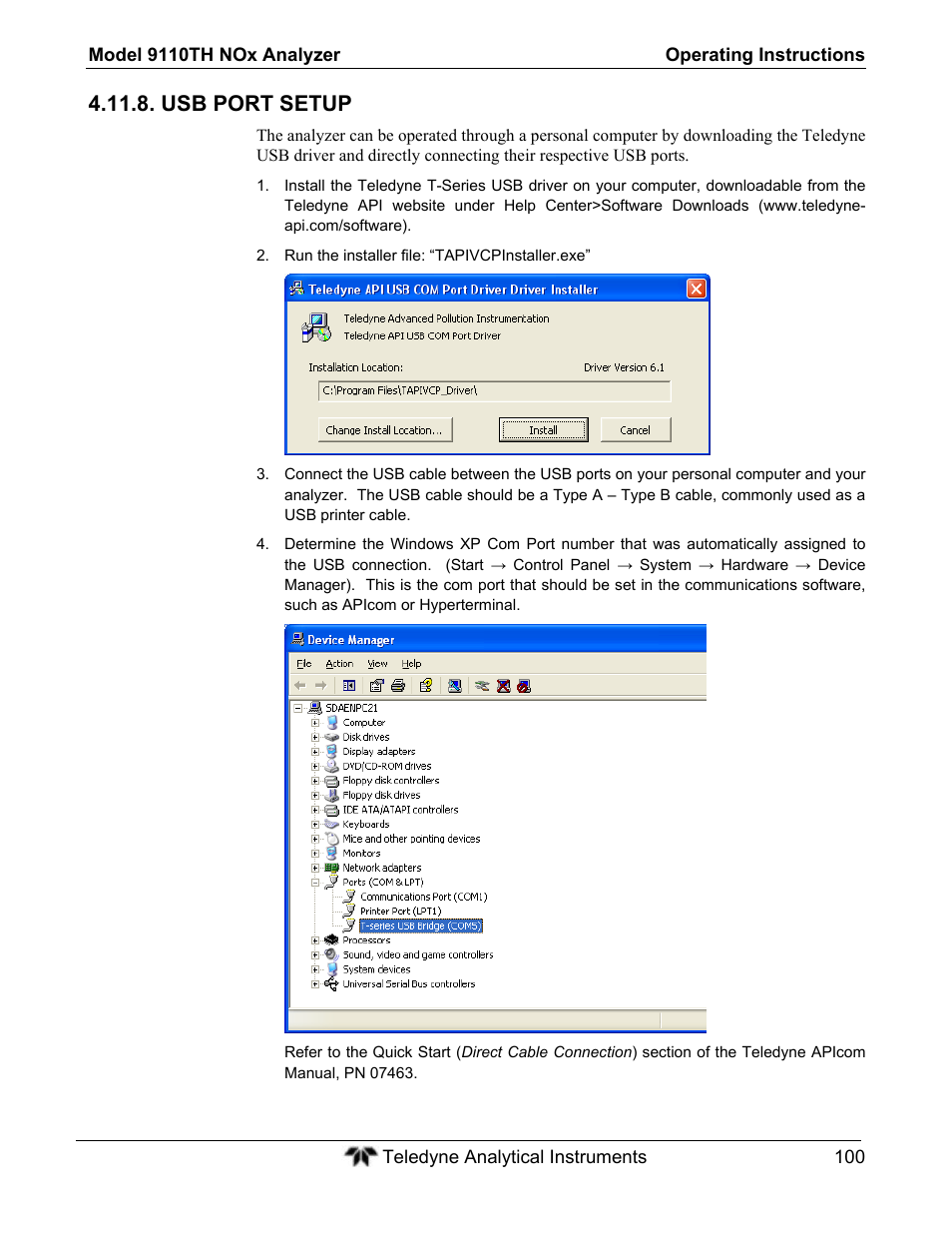 Usb port setup | Teledyne 9110TH - Nitrogen Oxides Analyzer User Manual | Page 120 / 335