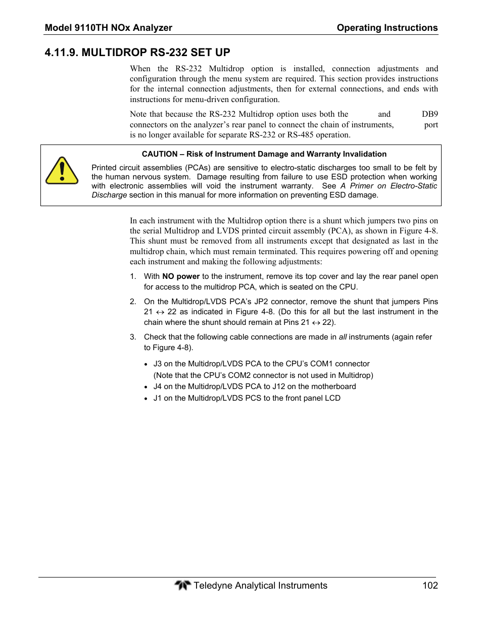Multidrop rs-232 set up | Teledyne 9110TH - Nitrogen Oxides Analyzer User Manual | Page 122 / 335
