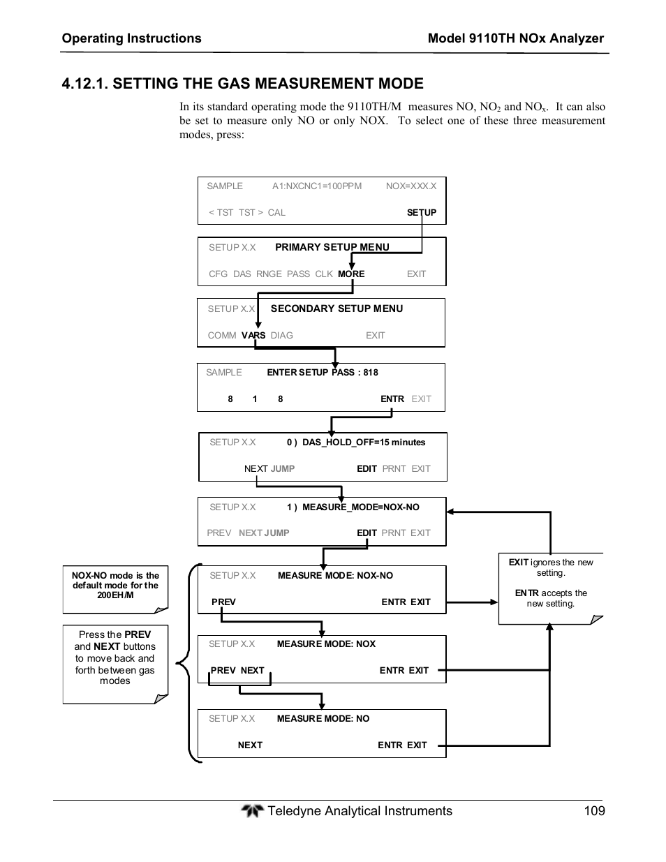 Setting the gas measurement mode, And no | Teledyne 9110TH - Nitrogen Oxides Analyzer User Manual | Page 129 / 335