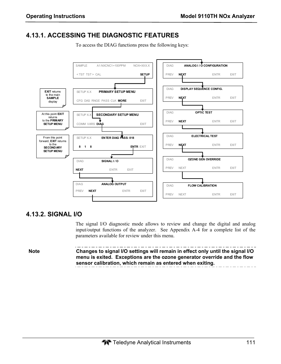 Accessing the diagnostic features, Signal i/o | Teledyne 9110TH - Nitrogen Oxides Analyzer User Manual | Page 131 / 335