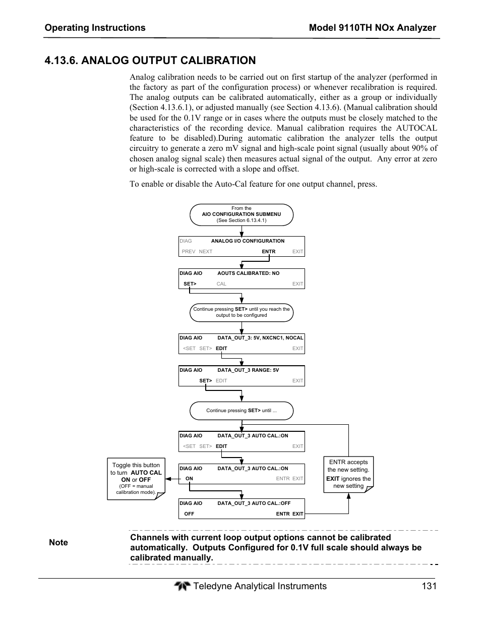Analog output calibration | Teledyne 9110TH - Nitrogen Oxides Analyzer User Manual | Page 151 / 335