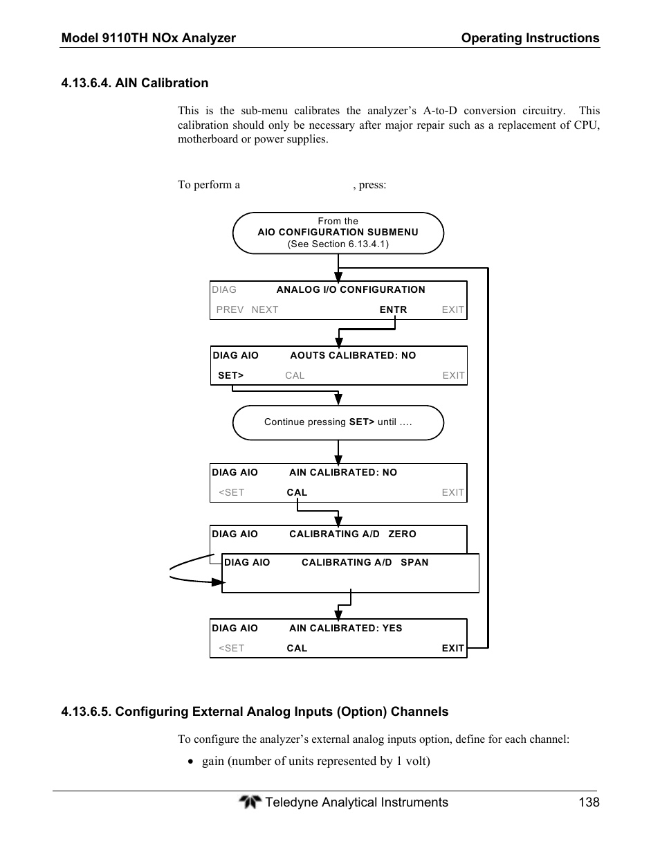Ain calibration, Gain (number of units represented by 1 volt) | Teledyne 9110TH - Nitrogen Oxides Analyzer User Manual | Page 158 / 335