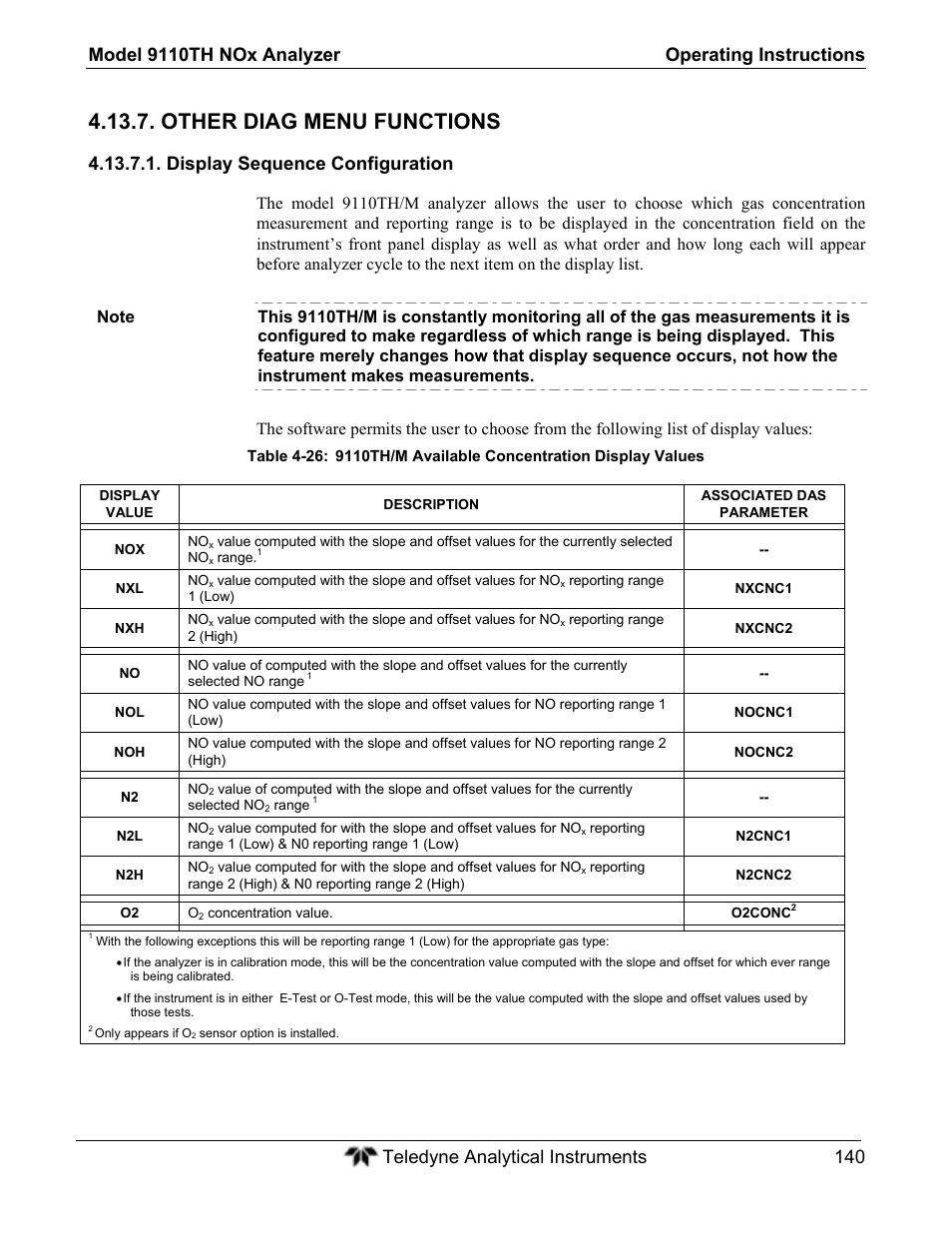 Other diag menu functions, Display sequence configuration | Teledyne 9110TH - Nitrogen Oxides Analyzer User Manual | Page 160 / 335
