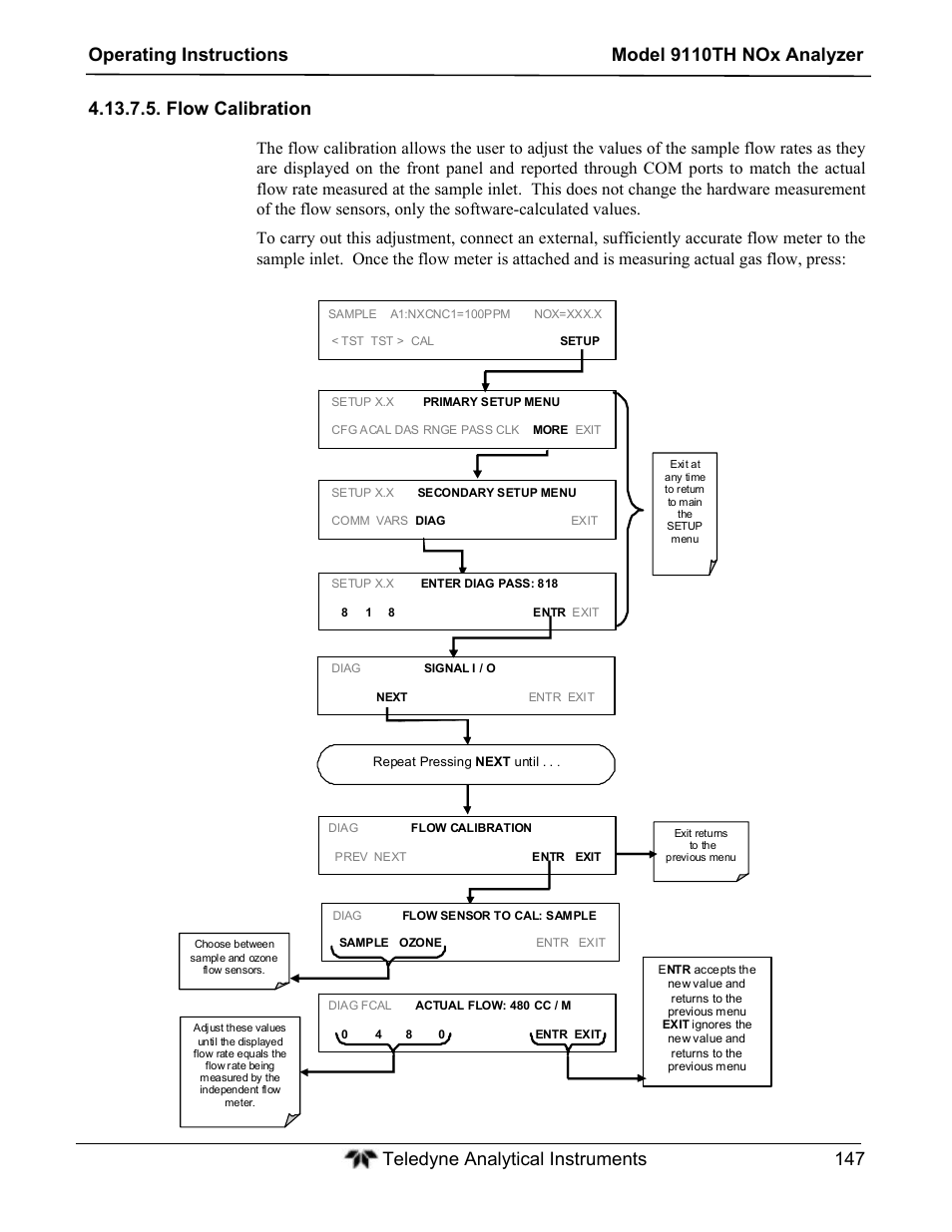 Flow calibration | Teledyne 9110TH - Nitrogen Oxides Analyzer User Manual | Page 167 / 335