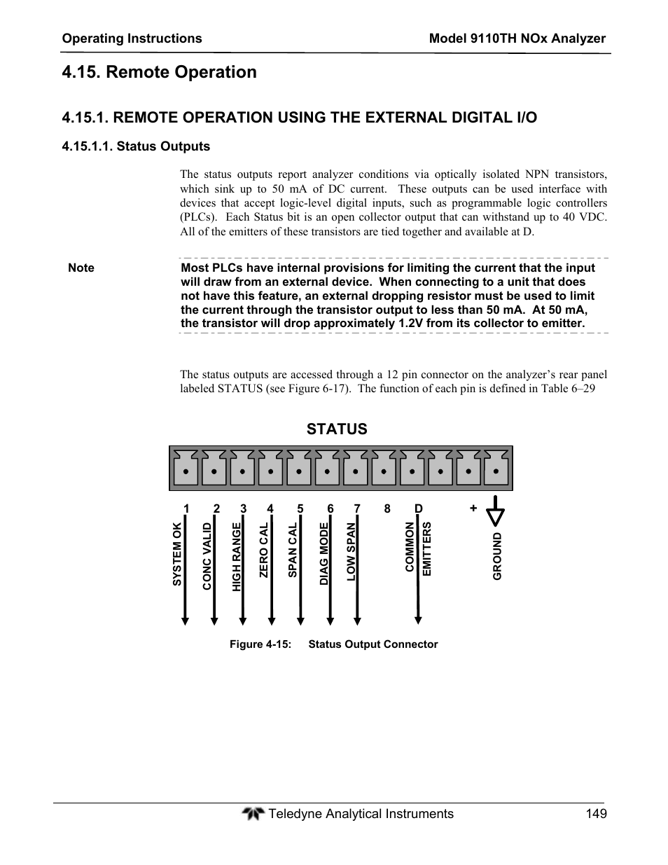 Remote operation, Remote operation using the external digital i/o, Status | Teledyne 9110TH - Nitrogen Oxides Analyzer User Manual | Page 169 / 335