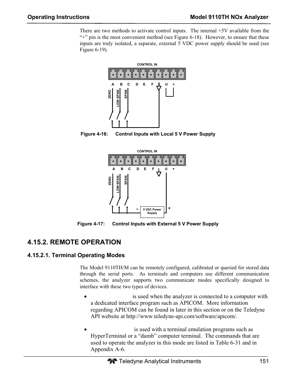 Remote operation, Terminal operating modes | Teledyne 9110TH - Nitrogen Oxides Analyzer User Manual | Page 171 / 335