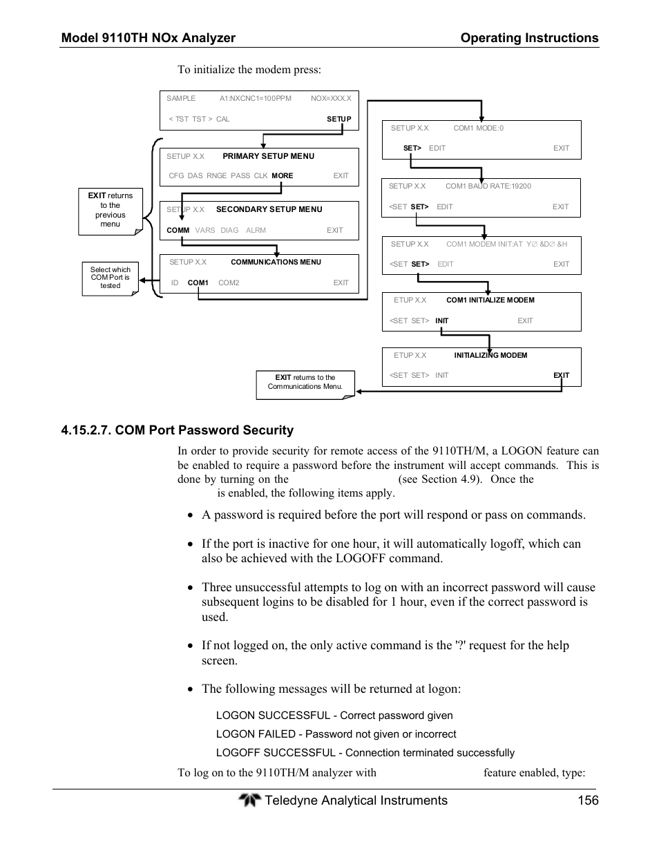 Com port password security | Teledyne 9110TH - Nitrogen Oxides Analyzer User Manual | Page 176 / 335