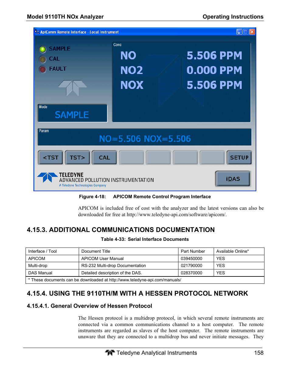 Additional communications documentation, Using the 9110th/m with a hessen protocol network | Teledyne 9110TH - Nitrogen Oxides Analyzer User Manual | Page 178 / 335