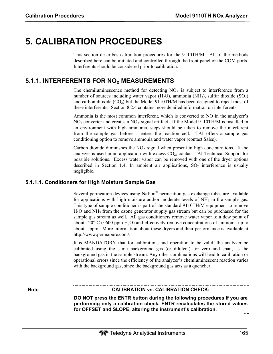 Calibration procedures, Interferents for no, Measurements | Teledyne 9110TH - Nitrogen Oxides Analyzer User Manual | Page 185 / 335