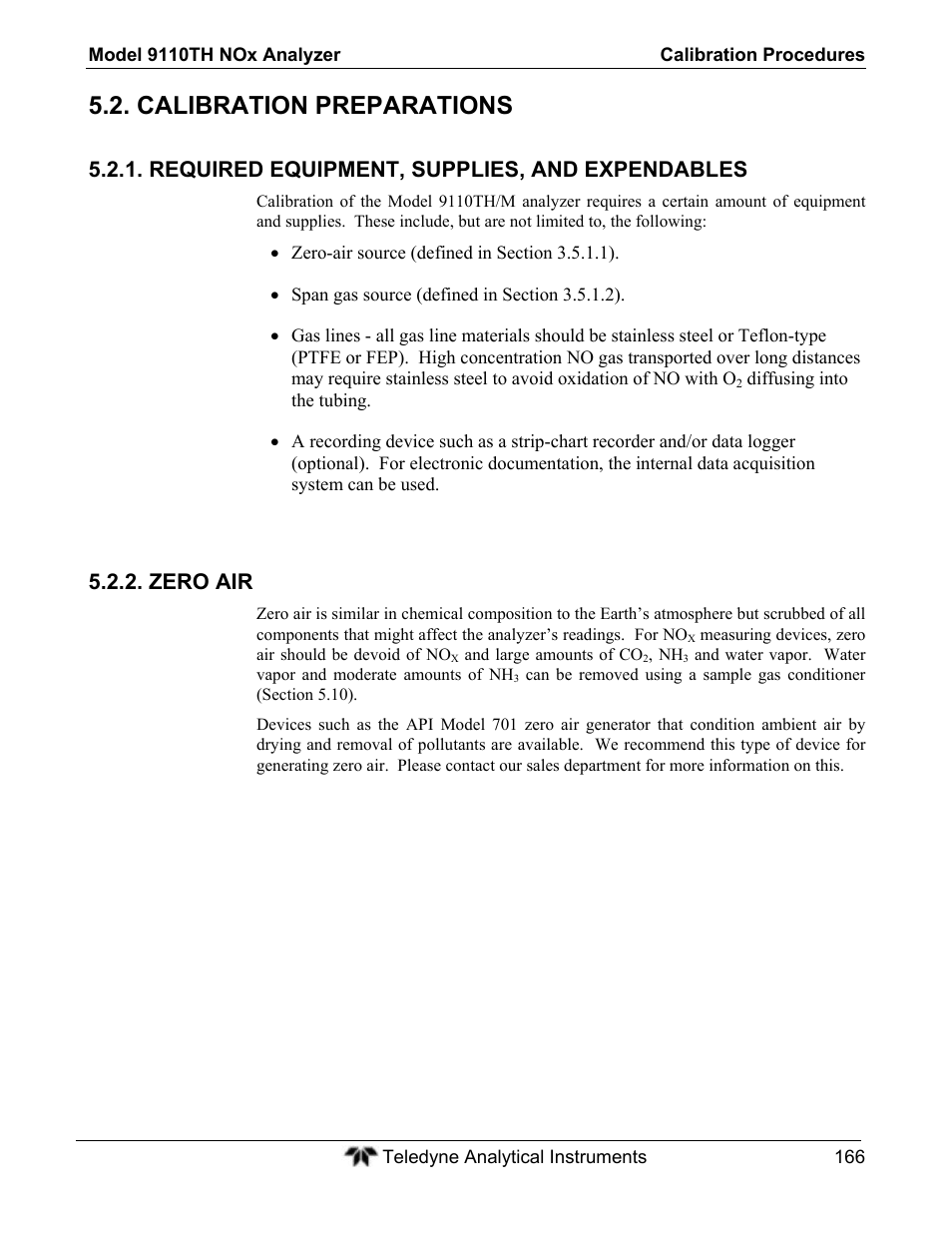 Calibration preparations, Required equipment, supplies, and expendables, Zero air | Teledyne 9110TH - Nitrogen Oxides Analyzer User Manual | Page 186 / 335