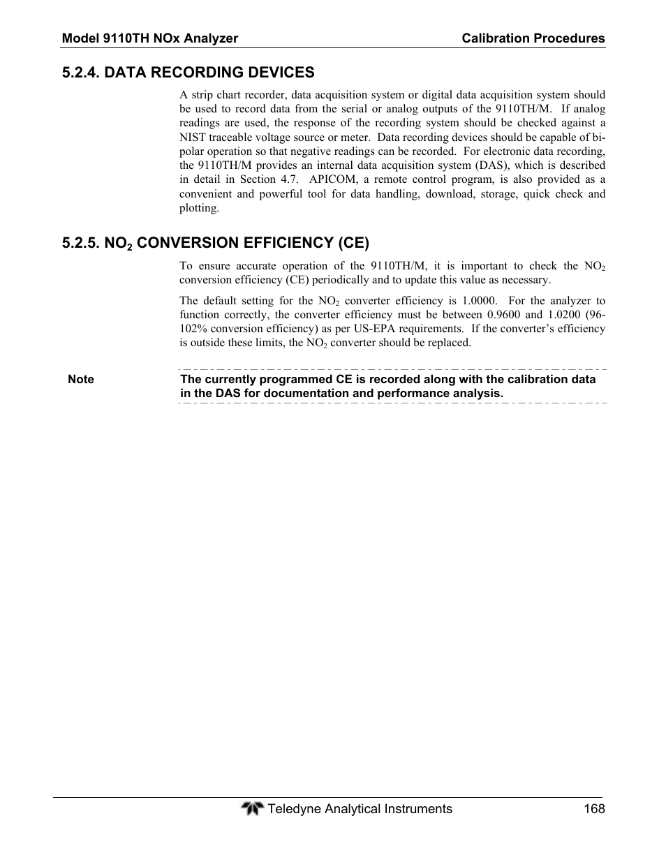 Data recording devices, Conversion efficiency (ce) | Teledyne 9110TH - Nitrogen Oxides Analyzer User Manual | Page 188 / 335