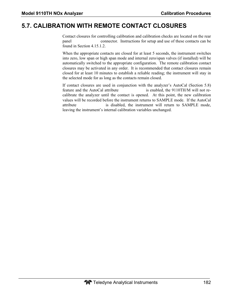 Calibration with remote contact closures | Teledyne 9110TH - Nitrogen Oxides Analyzer User Manual | Page 202 / 335