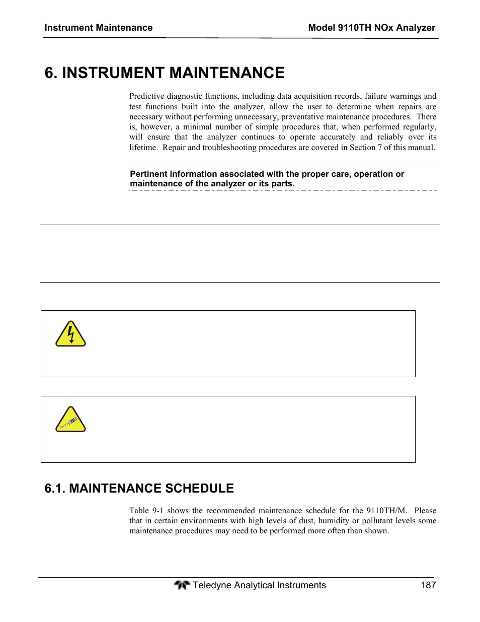 Instrument maintenance, Maintenance schedule | Teledyne 9110TH - Nitrogen Oxides Analyzer User Manual | Page 207 / 335