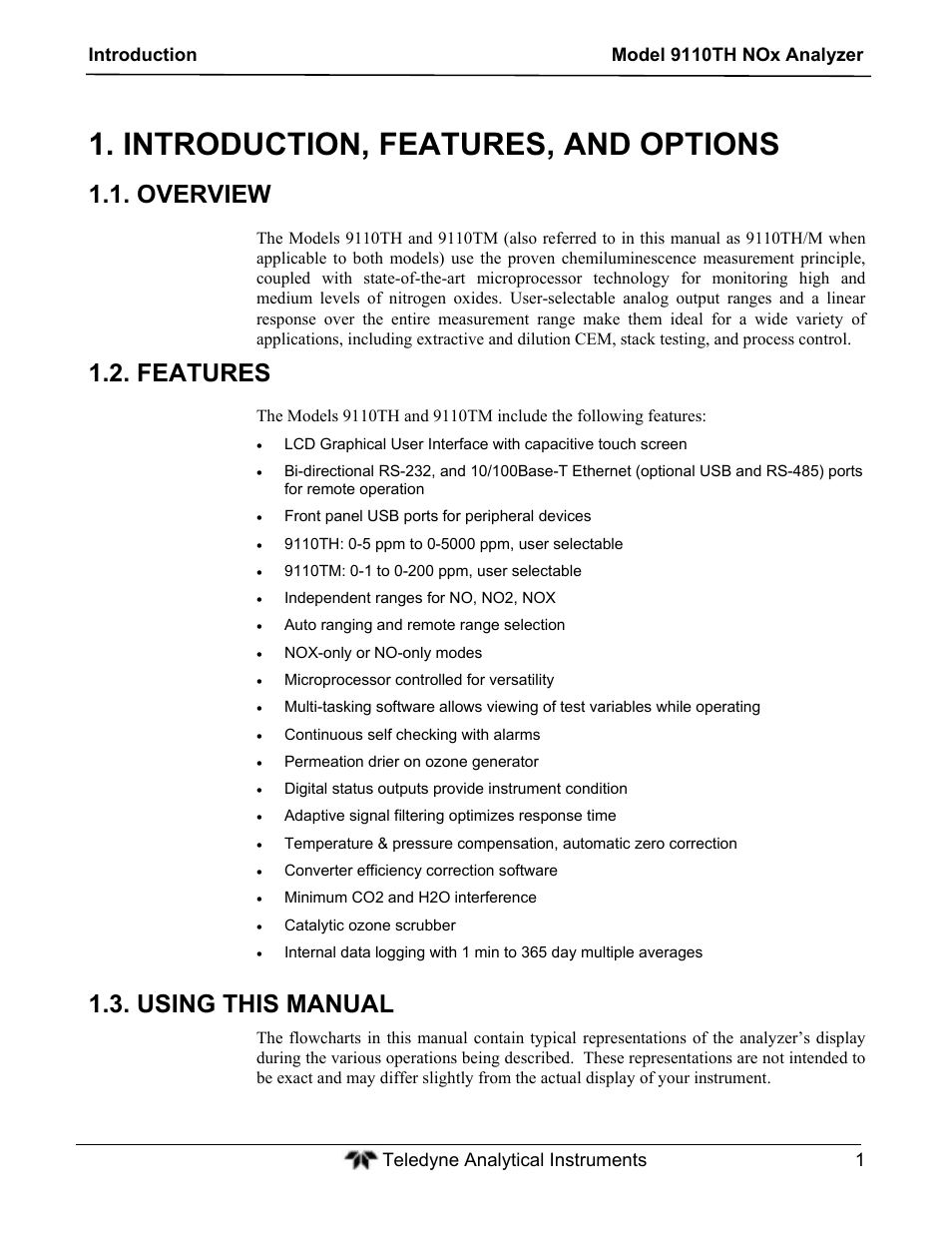 Introduction, features, and options, Overview, Features | Using this manual | Teledyne 9110TH - Nitrogen Oxides Analyzer User Manual | Page 21 / 335