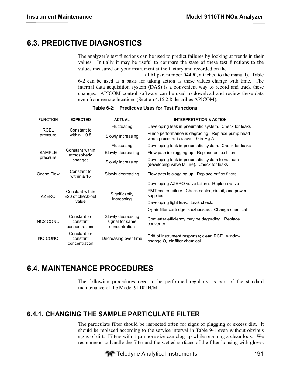 Predictive diagnostics, Maintenance procedures, Changing the sample particulate filter | Teledyne 9110TH - Nitrogen Oxides Analyzer User Manual | Page 211 / 335