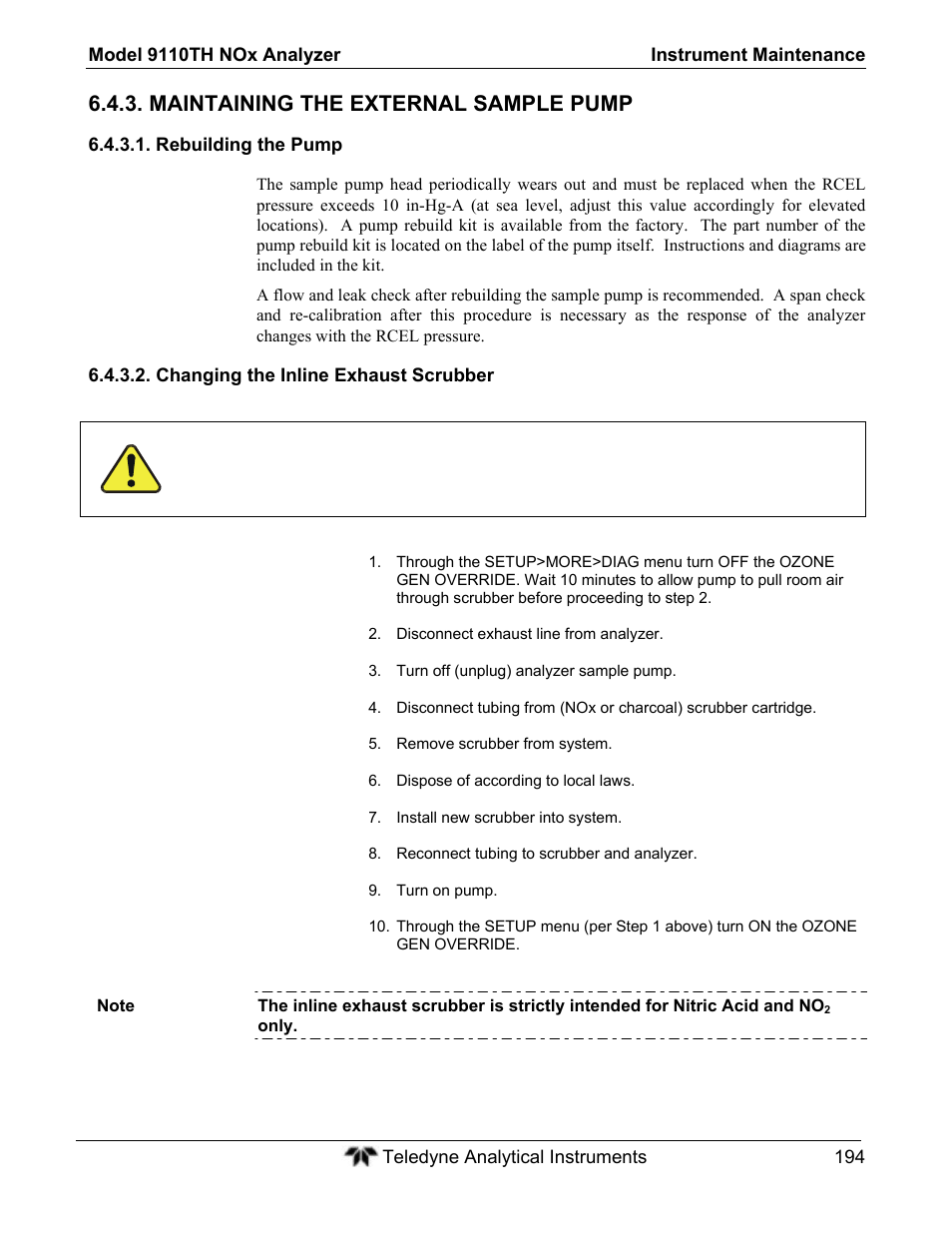 Maintaining the external sample pump | Teledyne 9110TH - Nitrogen Oxides Analyzer User Manual | Page 214 / 335