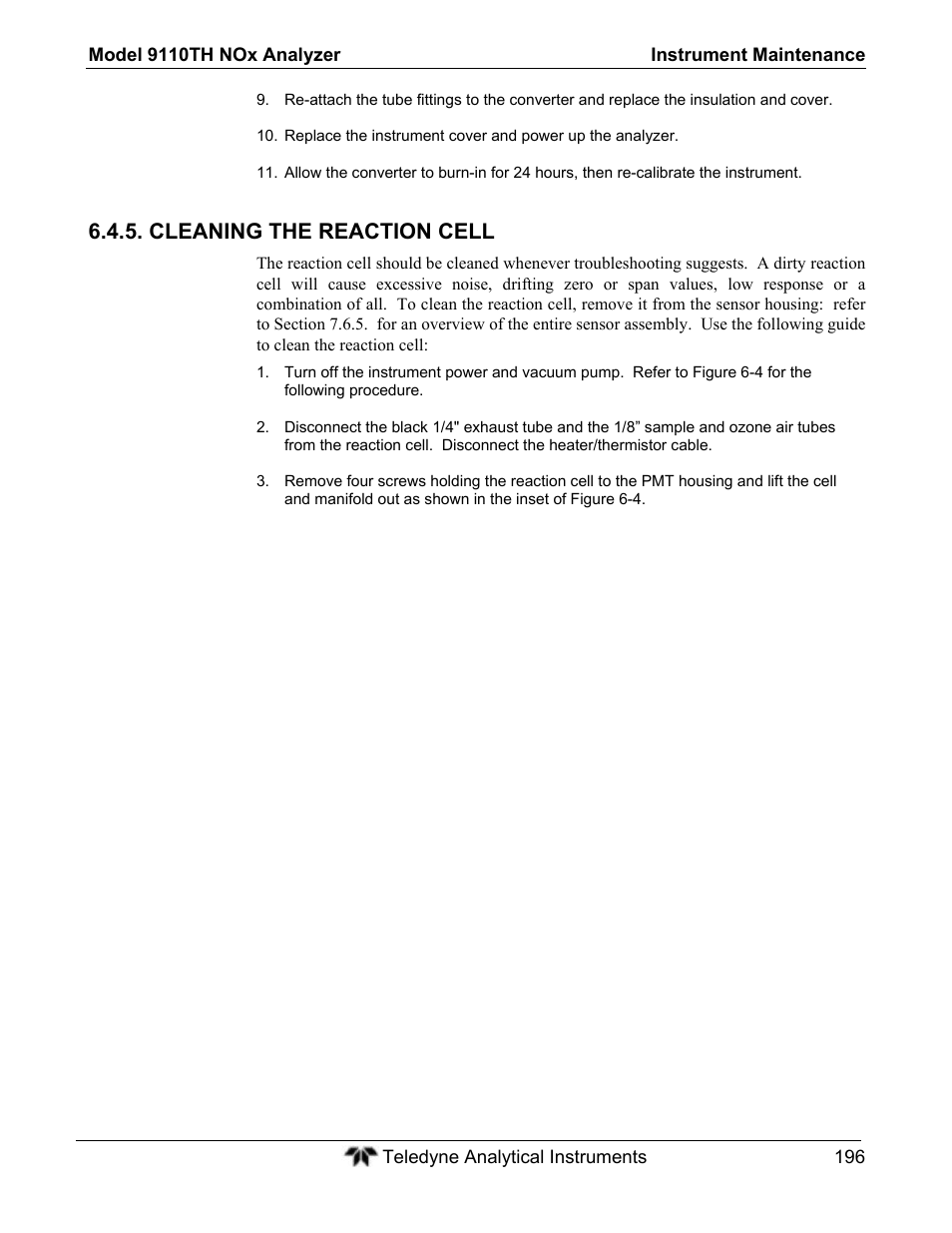 Cleaning the reaction cell | Teledyne 9110TH - Nitrogen Oxides Analyzer User Manual | Page 216 / 335