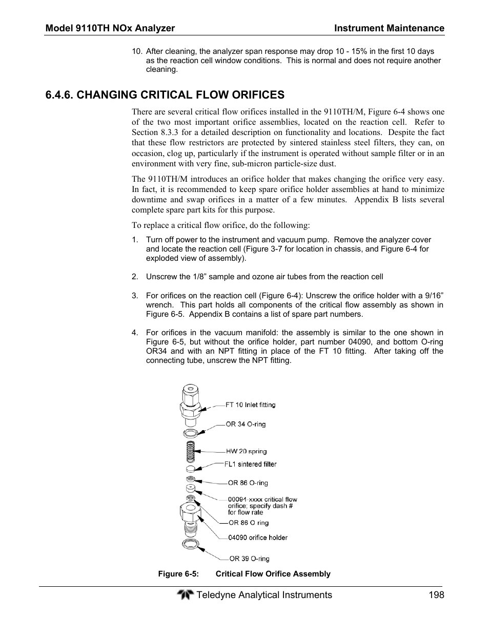 Changing critical flow orifices | Teledyne 9110TH - Nitrogen Oxides Analyzer User Manual | Page 218 / 335