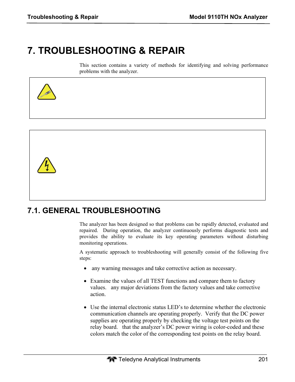 Troubleshooting & repair, General troubleshooting | Teledyne 9110TH - Nitrogen Oxides Analyzer User Manual | Page 221 / 335