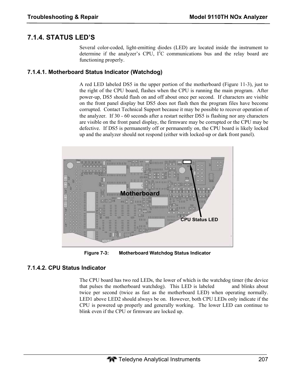 Status led’s | Teledyne 9110TH - Nitrogen Oxides Analyzer User Manual | Page 227 / 335