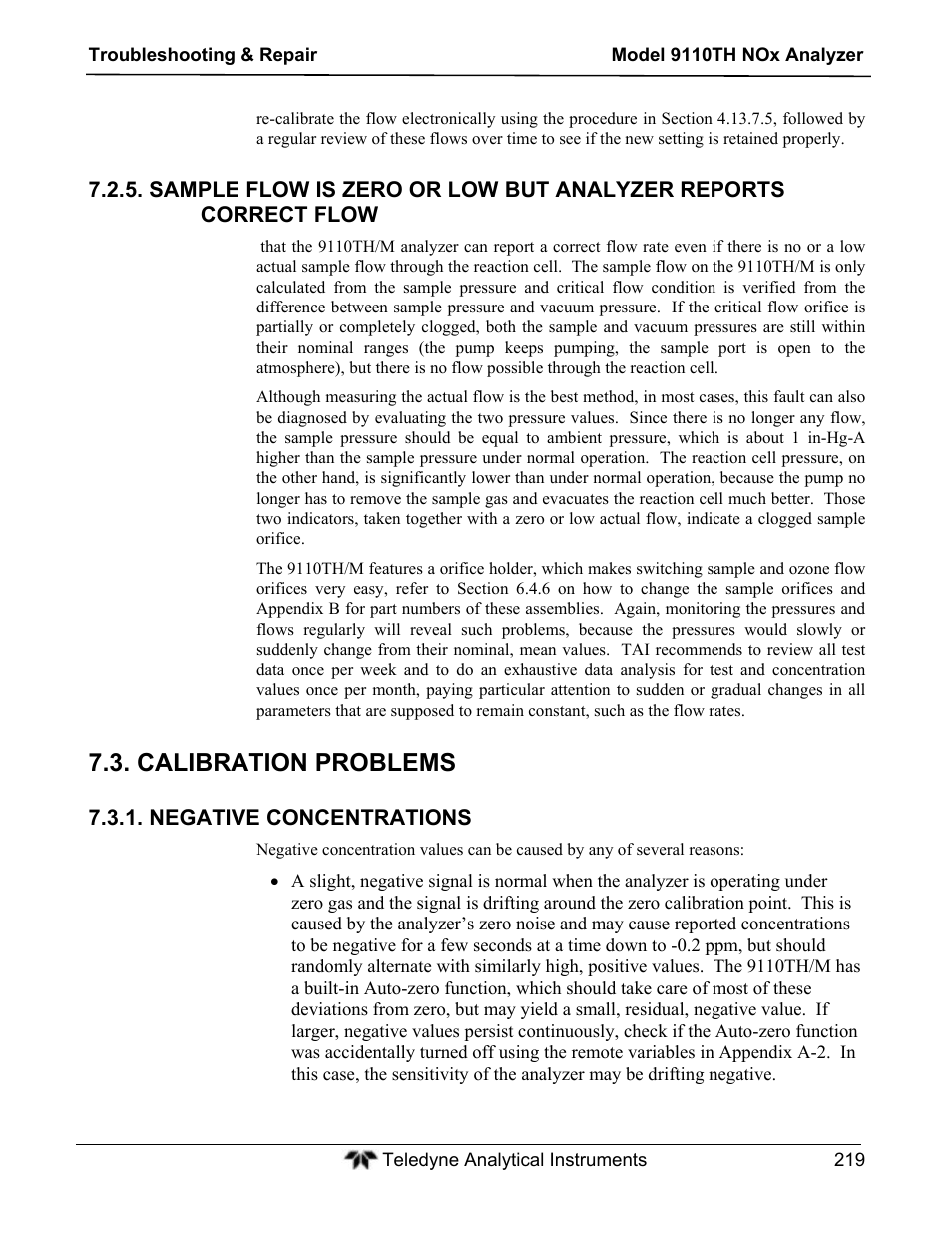 Calibration problems | Teledyne 9110TH - Nitrogen Oxides Analyzer User Manual | Page 239 / 335