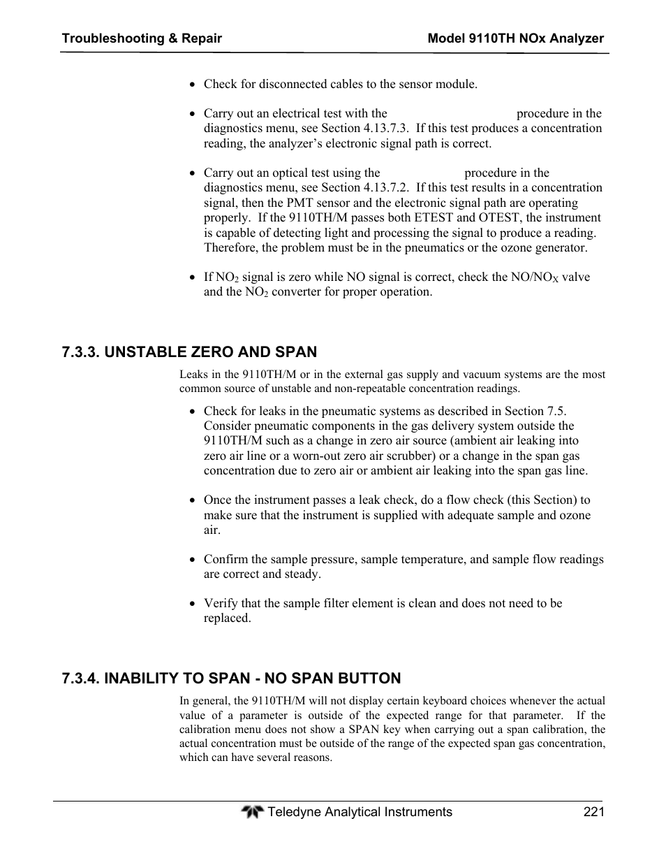 Unstable zero and span, Inability to span - no span button | Teledyne 9110TH - Nitrogen Oxides Analyzer User Manual | Page 241 / 335